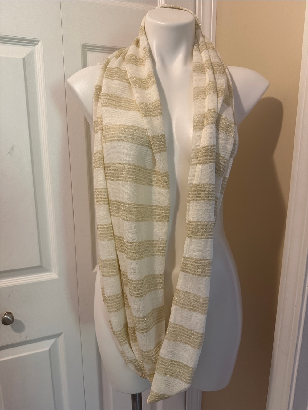 Chico's Cream and Gold Metallic Stripe Infinity Scarf